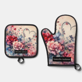 ロマンチックなキッチン:抽象芸術ハート 鍋つかみ&鍋敷きセット