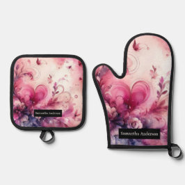 ロマンチックなキッチン:抽象芸術ハート 鍋つかみ&鍋敷きセット