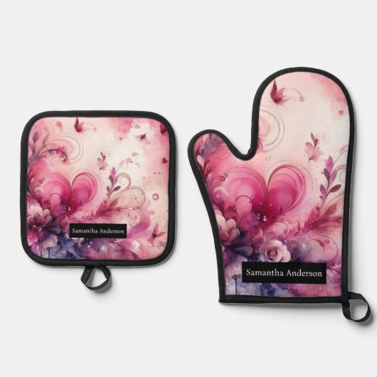 ロマンチックなキッチン：抽象芸術ハート 鍋つかみ&鍋敷きセット (正面)