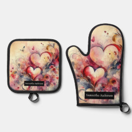 ロマンチックなキッチン:抽象芸術ハート 鍋つかみ&鍋敷きセット