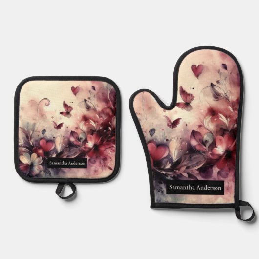 ロマンチックなキッチン：抽象芸術ハート 鍋つかみ&鍋敷きセット (正面)