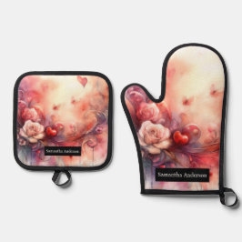 ロマンチックなキッチン:抽象芸術ハート 鍋つかみ&鍋敷きセット