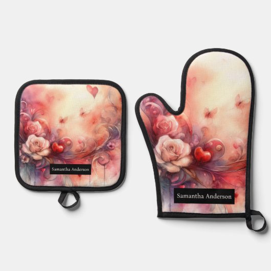 ロマンチックなキッチン：抽象芸術ハート 鍋つかみ&鍋敷きセット (正面)