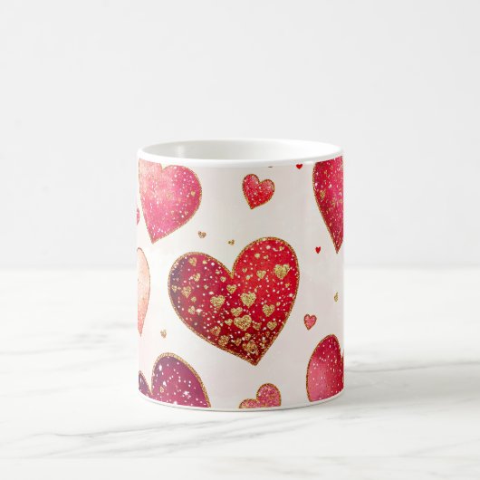ロマンチックなキラキラ金ゴールドピンク赤いハートバレンタイン コーヒーマグカップ (中央)