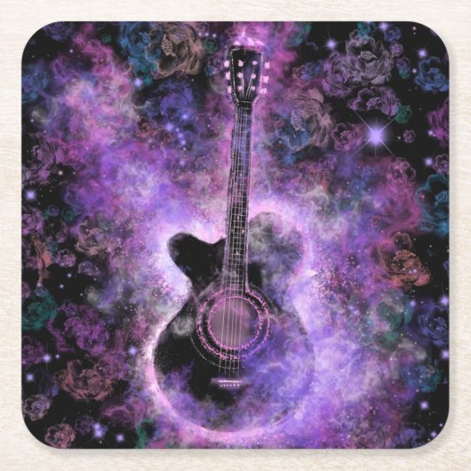 ロマンチックなギターミュージック紙コースターパープル スクエアペーパーコースター (正面)
