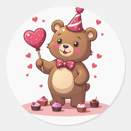 ロマンチックなクマ提供ハート型棒つきキャンデー ラウンドシール (正面)