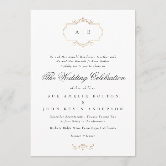 ロマンチックなクラシック金ゴールドクレスト結婚モノグラム 招待状 (正面)