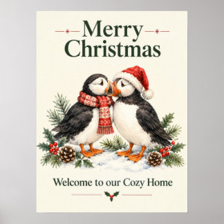 ロマンチックなクリスマスのツノメドリのカップル フェスティブ ポスター