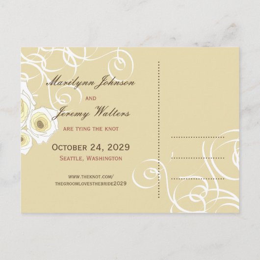 ロマンチックなクリームバラ&スワーズ写真デートを保存 案内ポストカード (裏面)