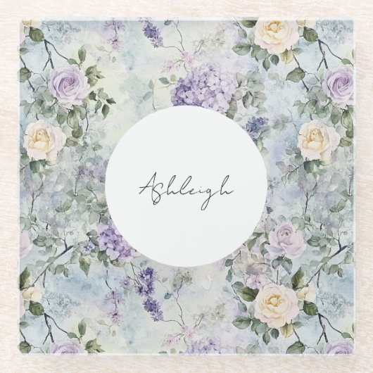ロマンチックなクリームパープルの花 ブライダルシャワー ガラスコースター (正面)