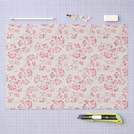 ロマンチックなクリームピンクのグリッター花柄ウェディング 薄葉紙 (クラフト)