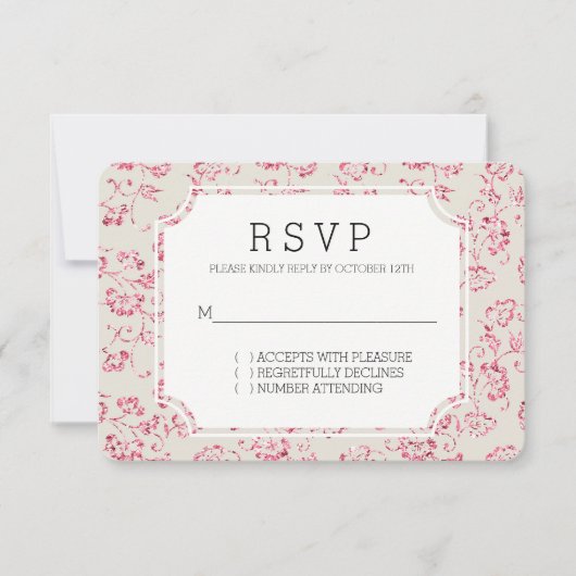 ロマンチックなクリームピンクグリッターフローラ結婚式RSVP 出欠カード (正面)