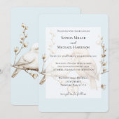 ロマンチックなクリームホワイトのラブバードハートウェディング 招待状 (正面/裏面)