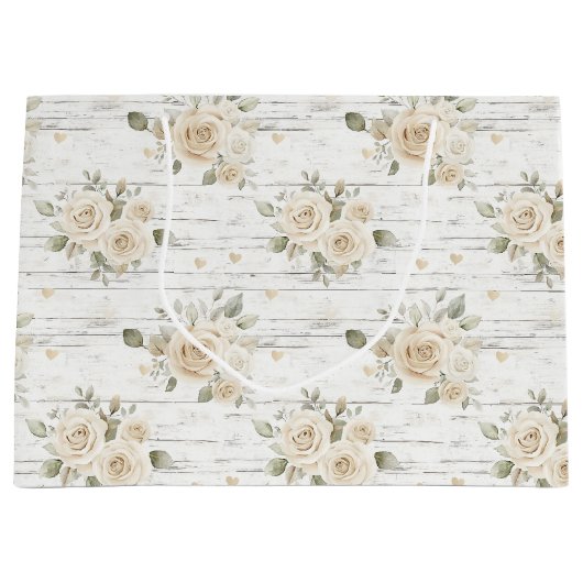 ロマンチックなクリームホワイトの花飾りボヘミアンスタイルのブライズシャワー ラージペーパーバッグ (正面)