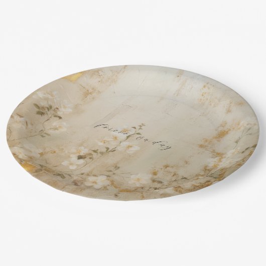 ロマンチックなクリームホワイト金ゴールド結婚フローラ ペーパープレート (アングル)