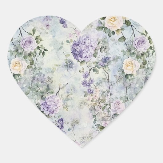 ロマンチックなクリーム紫の花のウェディング ハートシール (正面)