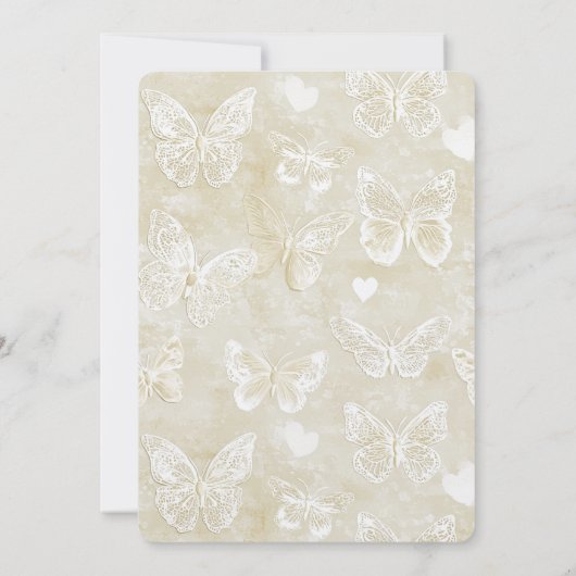 ロマンチックなクリーム色のアイボリー色のバタフライ ハート ウェディング 招待状 (裏面)