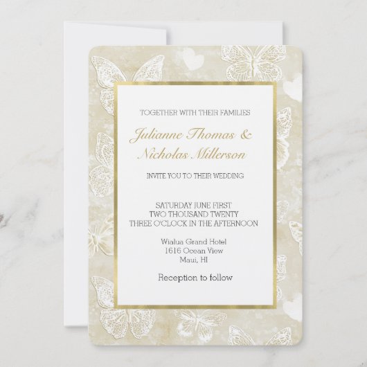 ロマンチックなクリーム色のアイボリー色のバタフライ ハート ウェディング 招待状 (正面)