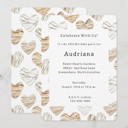 ロマンチックなクリーム色の白いハートの誕生日 招待状 (正面/裏面)