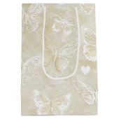 ロマンチックなクリーム色の象牙色のバタフライ ハート ウェディング ミディアムペーパーバッグ (裏面)