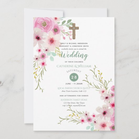 ロマンチックなクロス結婚式を誘うフローラピンクのセージ 招待状 (正面)