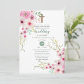 ロマンチックなクロス結婚式を誘うフローラピンクのセージ 招待状 (スタンド正面)