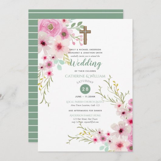 ロマンチックなクロス結婚式を誘うフローラピンクのセージ 招待状 (正面/裏面)