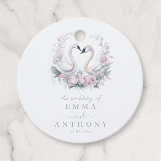 ロマンチックなグリーン結婚スワンカップル フェイバータグ (正面)