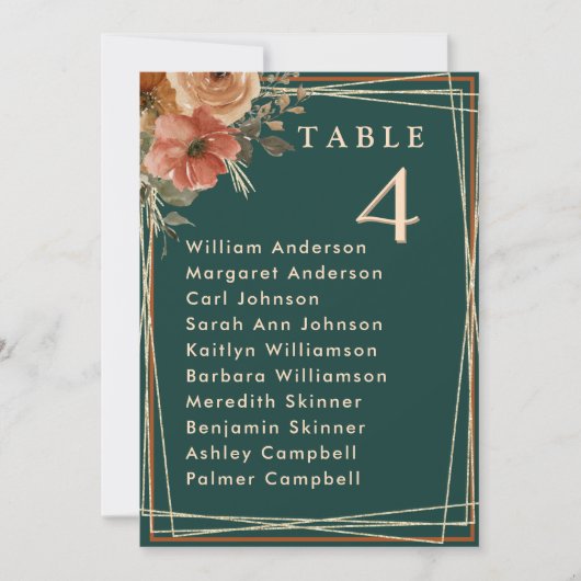 ロマンチックなグリーン結婚フローラのテーブル席カード 招待状 (正面)