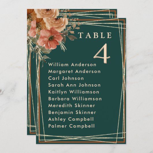 ロマンチックなグリーン結婚フローラのテーブル席カード 招待状 (正面/裏面)