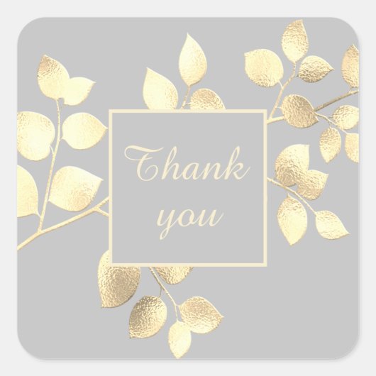 ロマンチックなグレーとゴールドの葉のスクエアステッカー スクエアシール (正面)