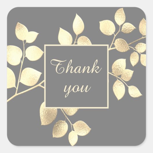 ロマンチックなグレーとゴールドの葉のスクエアステッカー スクエアシール (正面)