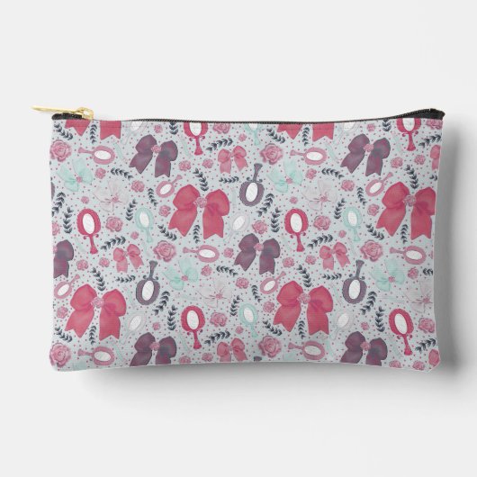 ロマンチックなグレーの弓とバラ アクセサリーポーチ (正面)