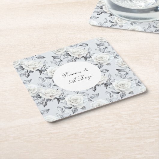 ロマンチックなグレーシルバーホワイトローズ結婚フローラ スクエアペーパーコースター (アングル)