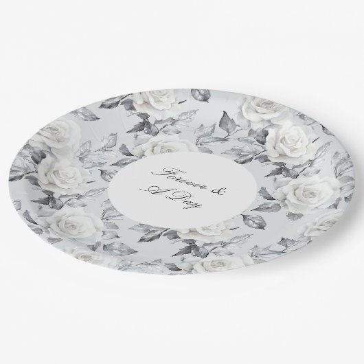 ロマンチックなグレーシルバーホワイトローズ結婚フローラ ペーパープレート (アングル)