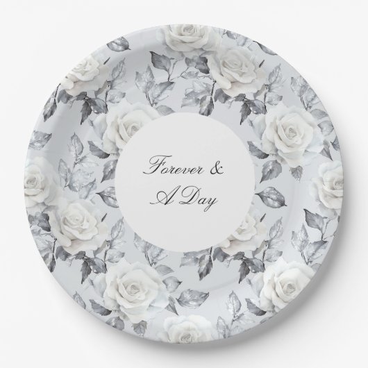 ロマンチックなグレーシルバーホワイトローズ結婚フローラ ペーパープレート (正面)
