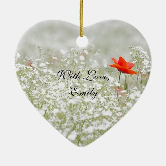 ロマンチックなケシの花赤く白い草原の自然 セラミックオーナメント (裏面)