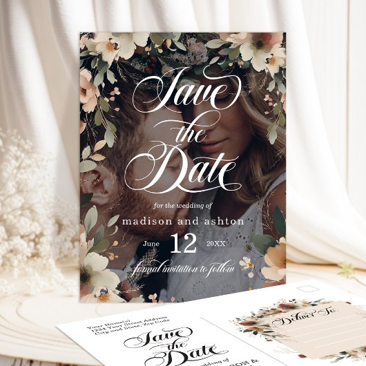 ロマンチックなコテージコアフローラ写真の保存日付 案内ポストカード