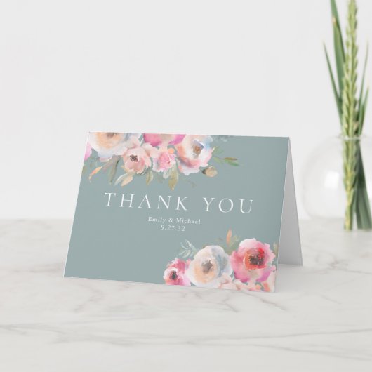 ロマンチックなコテージフラワーズ赤面ブルーセージ サンキューカード (正面)