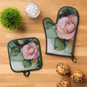 ロマンチックなコーラルピンクのバラの花のブライズシャワー 鍋つかみ&鍋敷きセット (トップダウン)