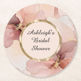 ロマンチックなコーラルピンクゴールドフラワーブライダルシャワー ラウンドペーパーコースター
