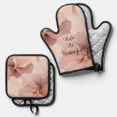 ロマンチックなコーラルピンクゴールドフラワーブライダルシャワー 鍋つかみ&鍋敷きセット (正面/裏面)