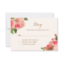 ロマンチックなコーラルプニーと金ゴールドグリッターRSVPカード