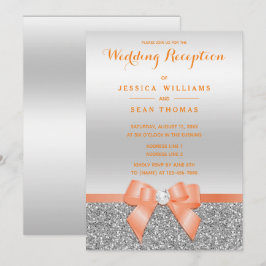 ロマンチックなコーラルボウ、シルバーグリッターの受付 招待状