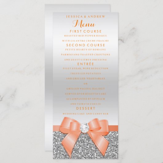 ロマンチックなコーラルボウ&シルバーグリッター結婚ズメニュー メニュー (正面/裏面)