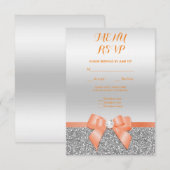 ロマンチックなコーラルリボン＆シルバーラグジュアリー出欠確認 出欠カード (正面/裏面)