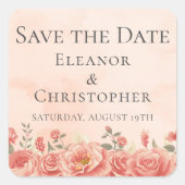 ロマンチックなコーラルローズ ピンクの花のデザイン Save the Date スクエアシール (正面)