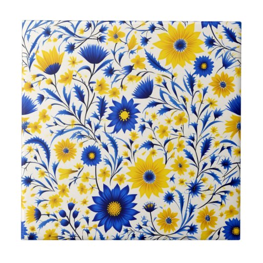 ロマンチックなコーンフラワーブルーとイエローフローラ タイル (正面)