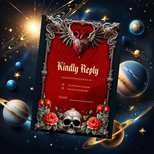 ロマンチックなゴシックのアイコン：ハート、バラ、スカル。 出欠カード