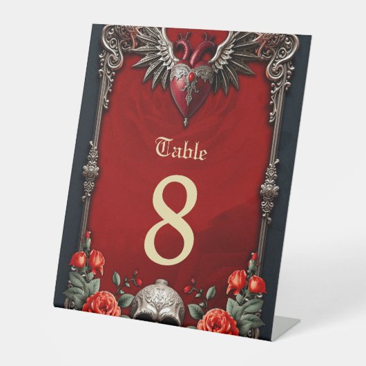 ロマンチックなゴシックのアイコン:ハート、バラ、スカル。 台座サイン (正面)